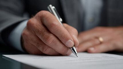 Businessman putting signature on agreement paper.