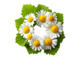Daisies and green leaves circle black background floral design, Isolated On White Background, Png Transparent