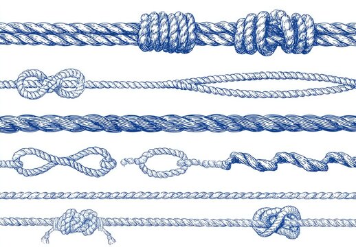 Blue rope knots & cords, detailed illustrations