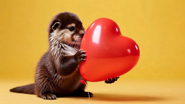 Hyper-real medium portrait: hilariously cute shaggy otter hugging a bright red heart balloon with both paws