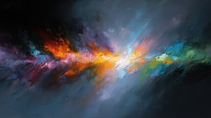 Fototapeta premium Wide expressive brush stroke blending multiple colors across a dark surface, abstract painterly energy captured dramatically