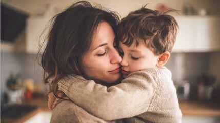 Warm tender embrace of mother and young son sharing love and comfort at home.