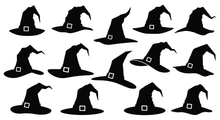 Collection of various black witch hats with buckles on white background
