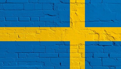 Swedish flag mounted on paneled wall with visible fasteners, showcasing national identity and Scandinavian heritage in a structured display.