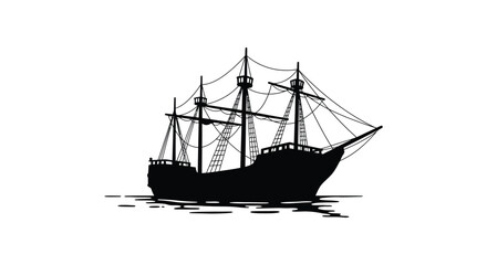 a black silhouette of a sailing ship on water with white background