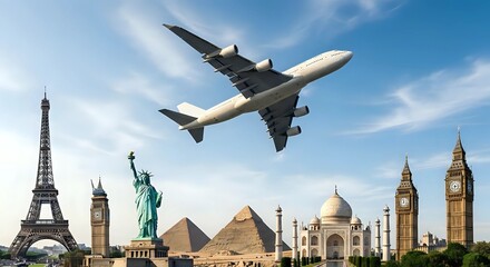 Airplane Flying Above World Landmarks &ndash; Global Tourism Concept