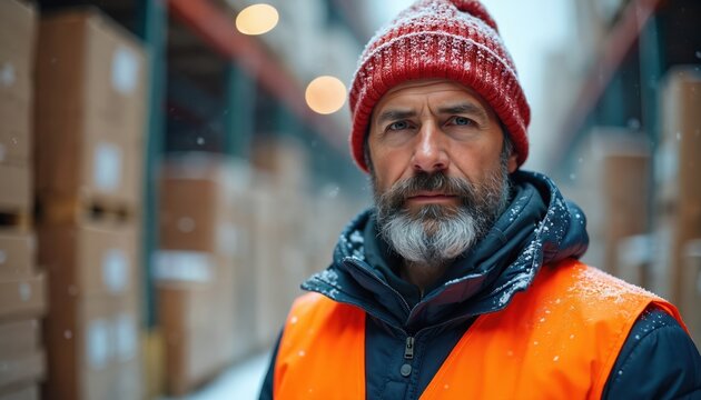 Serious bearded man in orange safety vest and red beanie, dusted with snow, stands in a snowy warehouse filled with boxes. Winter delivery worker focused on cargo logistics and transportation. - Powered by Adobe