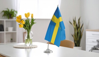 Swedish flag on tabletop stand with yellow tulips in glass vase, set in bright minimalist interior, symbolizing national pride and Scandinavian elegance.