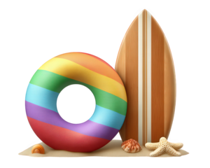 Colorful swim ring, surfboard, seashells, and starfish on sandy beach evoke fun, relaxing summer vacation and water sport atmosphere, perfect for tropical holiday themes