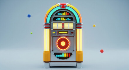 Naklejka premium A vibrant and colorful retro jukebox with neon lights and floating spheres, creating a nostalgic and energetic atmosphere