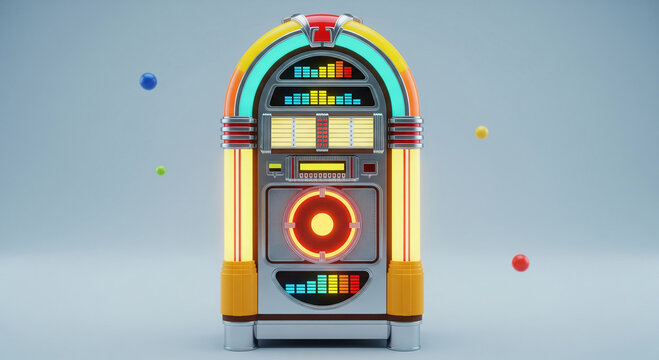 A vibrant and colorful retro jukebox with neon lights and floating spheres, creating a nostalgic and energetic atmosphere