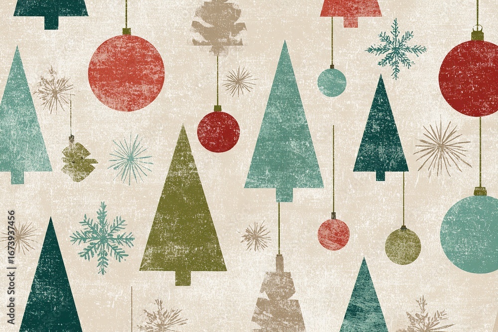 Poster festive holiday pattern featuring trees and ornaments in a retro design with a warm color palette