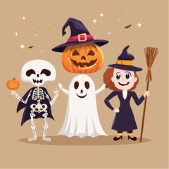 Cartoon Halloween characters: skeleton, ghost, and witch with pumpkin.