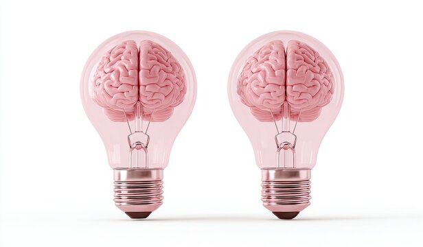 Two translucent light bulbs, each housing a pink brain
