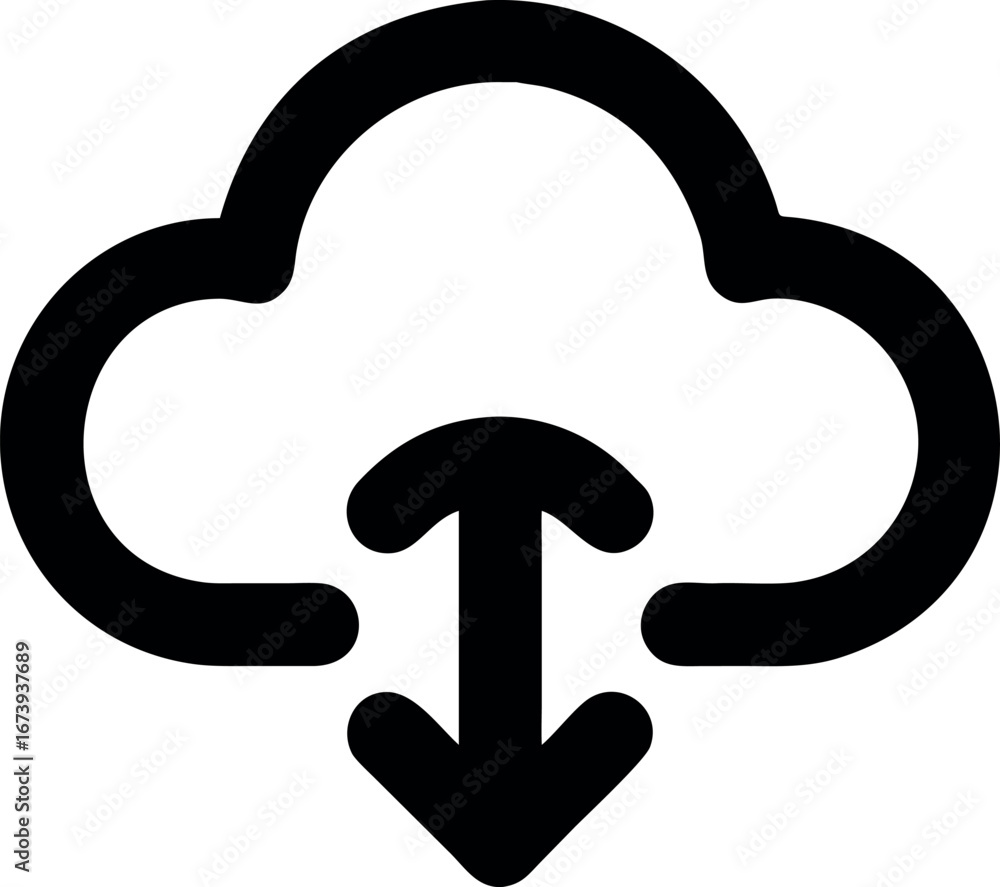 Poster black line icon of a cloud with an arrow, symbolizing data download, upload, transfer, and synchroni