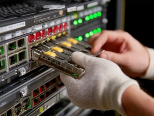 Technician installing server hardware in data center