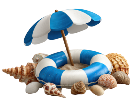 Blue white swim ring beach umbrella seashell sand summer vacation relaxation tropical ocean decorative cheerful scene for holiday design
