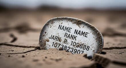 A weathered military identification tag rests in cracked, dry earth.