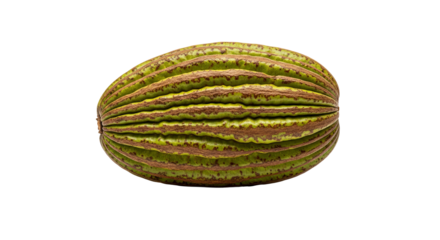 Oblong fruit displays textured light green skin with prominent brown ridges against a isolated background.