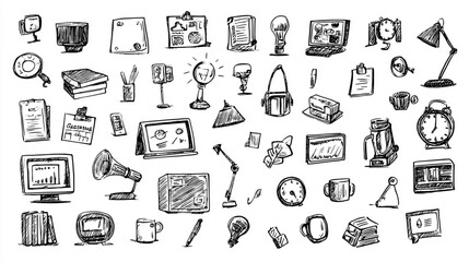 Hand-drawn office supplies and gadgets on a transparent background.