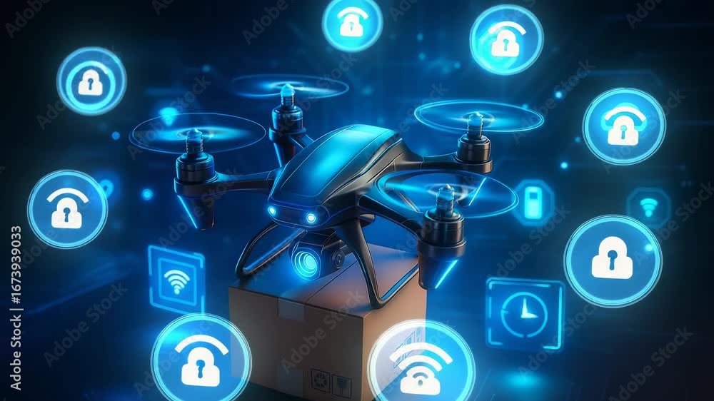 Poster drone above package with holographic lock wifi clock icons on dark background