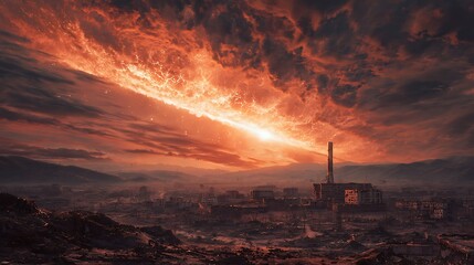 Apocalyptic cityscape sunset art wallpaper background orange sky ruined buildings desolate landscape fantasy art