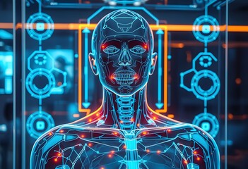 A futuristic, digital representation of a human body with glowing internal systems and circuits.