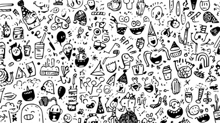 Seamless pattern of hand-drawn doodles featuring various food and drink items, including pizza, burgers, wine glasses, and desserts, on a transparent background.