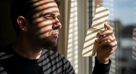 A contemplative man stands by a window, his face covered in shadows from blinds, holding a paper airplane.