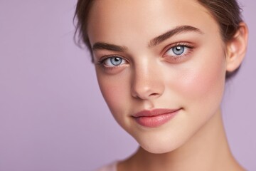 Close-up portrait of a young woman with blue eyes and clear skin on purple background.