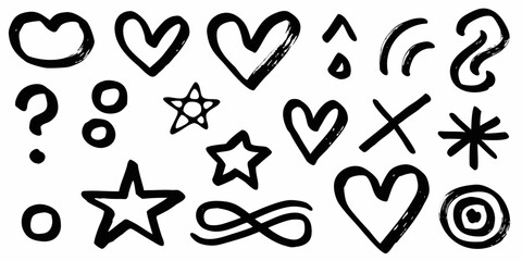 Black Hand Drawn Symbols Hearts Stars Question Marks Circles and Lines abstract arrow