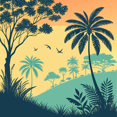 Silhouette of a lush tropical jungle landscape with palm trees and birds flying at sunset