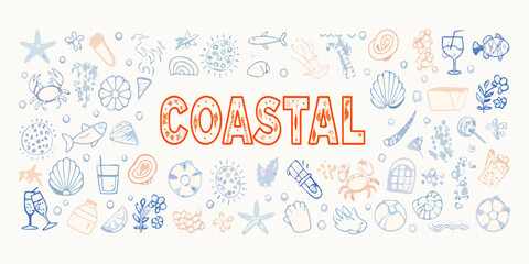 Coastal Summer Doodles With Beach And Ocean Elements And Text vector illustration