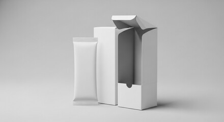 Minimalist White Stick Sachet and Box Mockup on whiteBackground