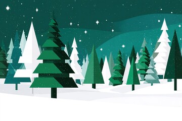 Snow-covered forest with stylized trees and starry night sky creates a serene winter landscape in a minimalist design