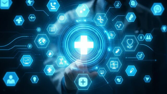Hand Touching Holographic Cross with Medical Icons and Network on Dark Background