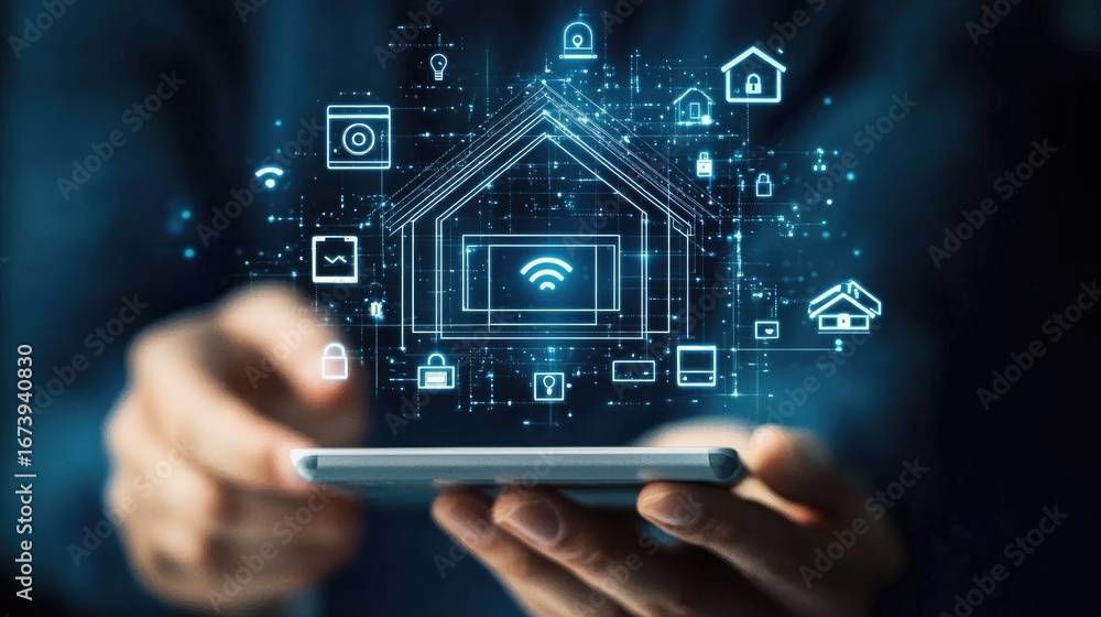 Poster a smartphone user interacts with a digital interface showcasing smart home technology, highlighting 