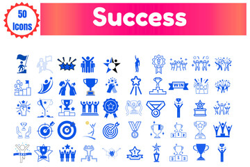 Collection of 50 blue icons representing success achievement and victory
