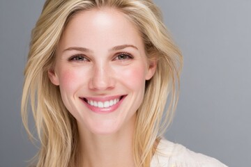 Bright Smiling Woman with Blonde Hair and Clear Skin Showing Happiness.