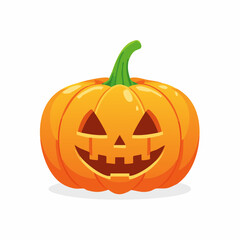 Vibrant cartoon jack-o'-lantern with a friendly carved smiling face and green stem, isolated on a white background, perfect for Halloween celebrations.