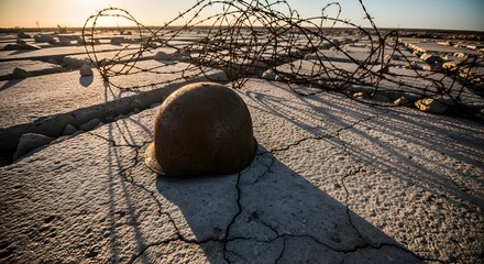 A weathered military helmet rests on cracked concrete, entangled with barbed wire under a vast, desolate sky, evoking a sense of abandoned conflict.