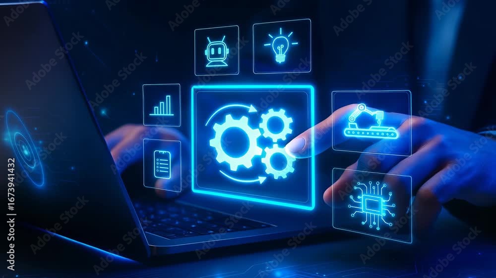 Poster hands using laptop with holographic gears cloud icons and lightbulb on dark background
