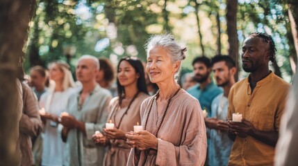 Diverse Group of People Participating in Meditation or Prayer Outdoors in a Forest Setting.