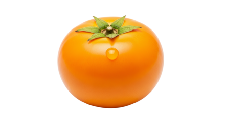 Orange tomato features a water droplet and green sepals against a stark background.