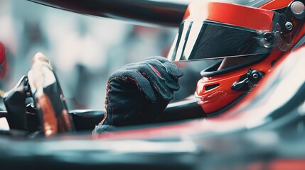 Fototapeta premium A racing driver grips the steering wheel inside a race car, focused and ready to go.