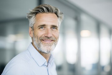 Portrait of a Mature Smiling Businessman with Gray Hair and Beard in Modern Office.
