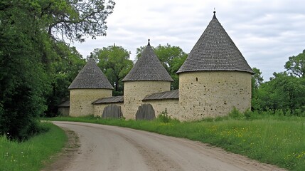 Fototapeta premium Historic Stone Towers and Wooden Gate Rural Roadside