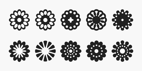 Set of Ten Black Circular Floral Decorative Icons symbols