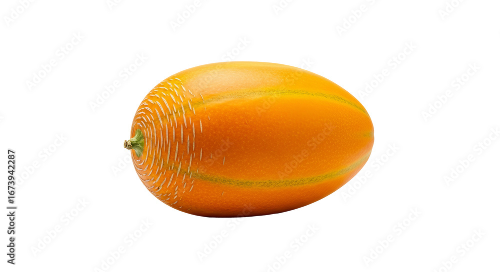 Poster oval orange melon is lying horizontally displaying its unique pattern and shape against the isolated