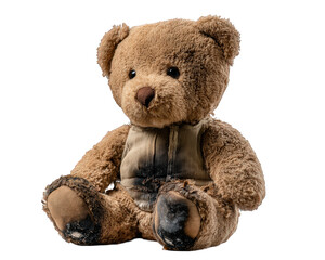 Burned teddy bear damaged plush toy brown stuffed animal worn fur singed fabric sitting position sad expression childhood memory isolated emotional